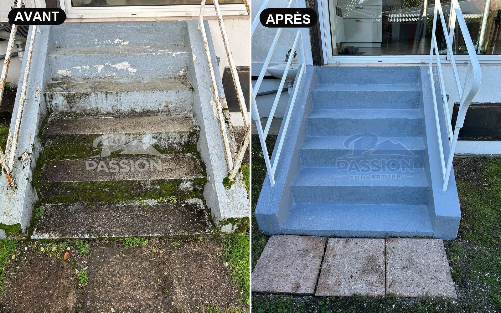 Escalier extérieur nettoyé et repeint, avant / après