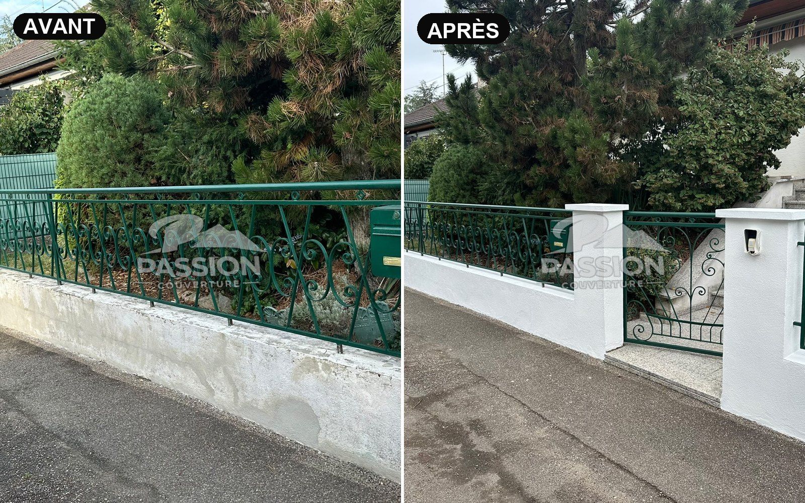 Muret et clôture rénovés et repeints, avant / après
